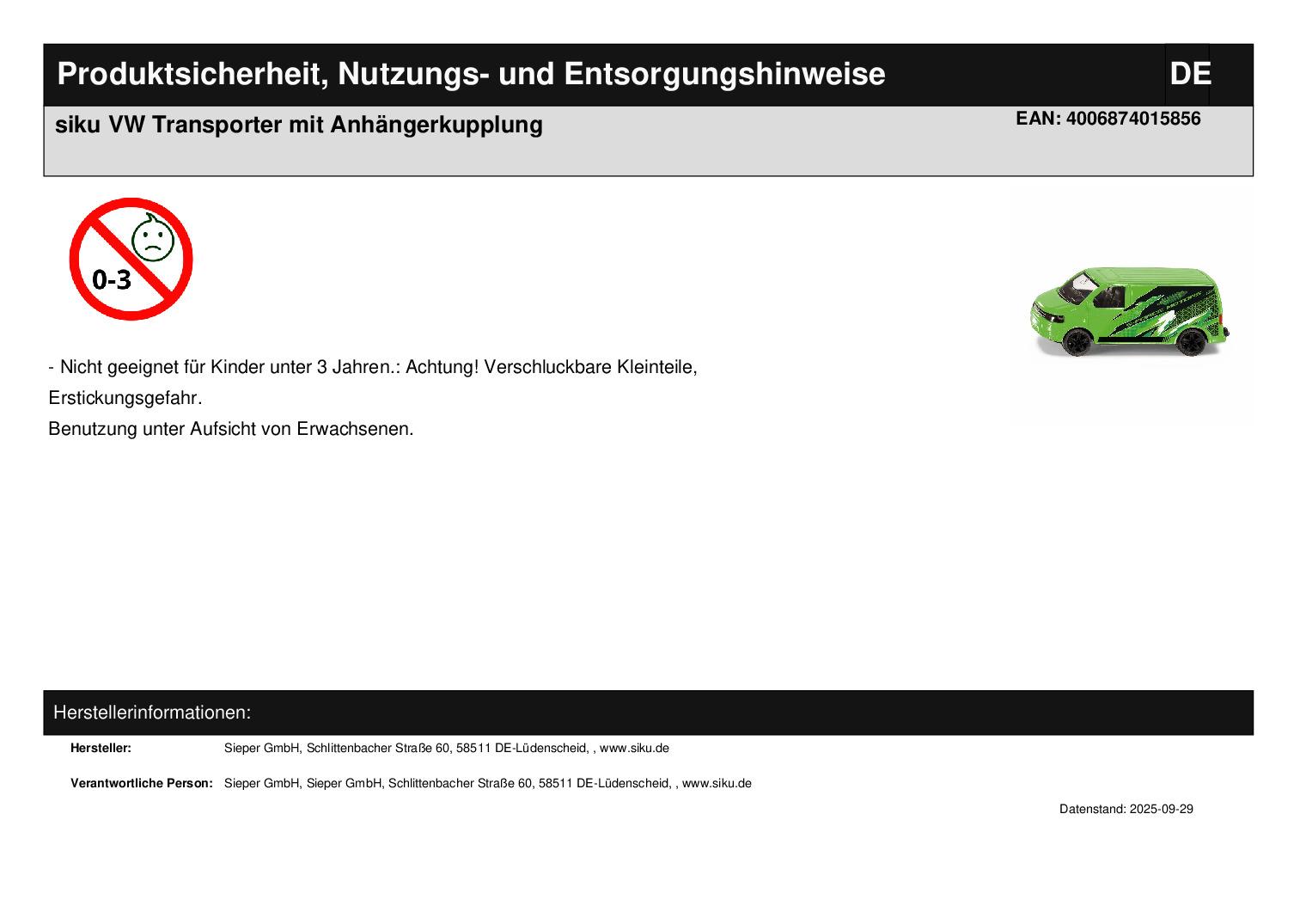 siku VW Transporter mit Anhängerkupplung