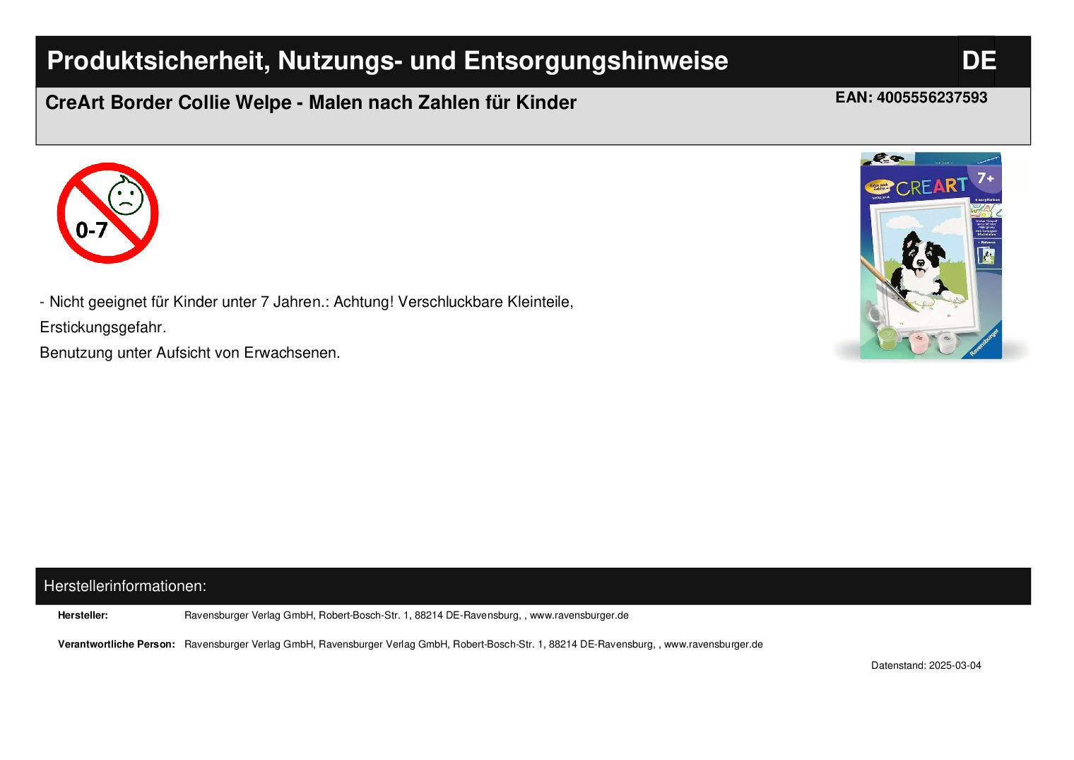 CreArt Border Collie Welpe - Malen nach Zahlen für Kinder