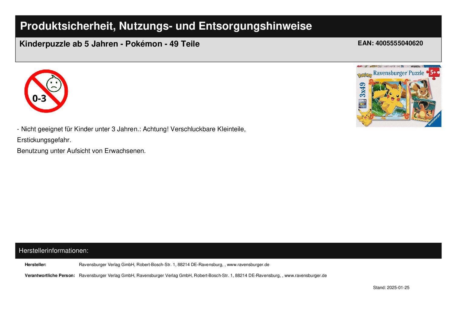 Kinderpuzzle ab 5 Jahren - Pokémon - 49 Teile