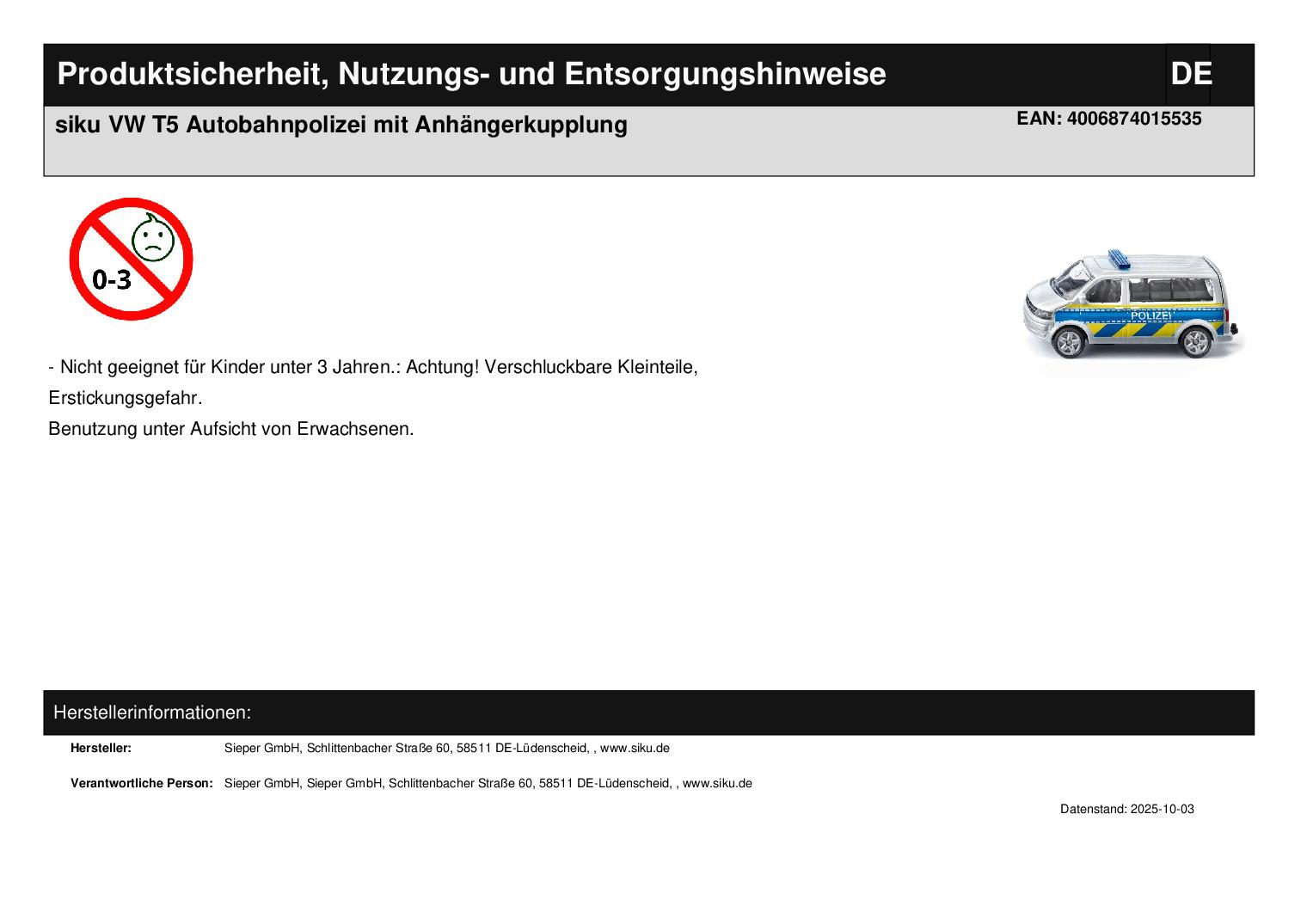 siku VW T5 Autobahnpolizei mit Anhängerkupplung