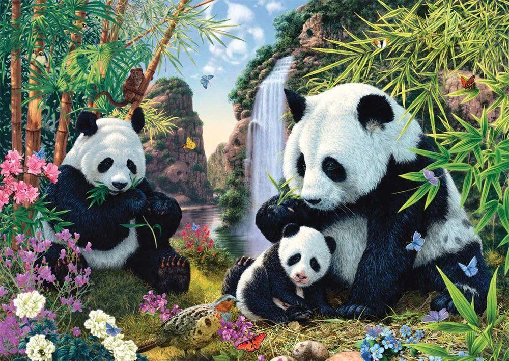 Puzzle:  Pandafamilie am Wasserfall  (500 Teile)