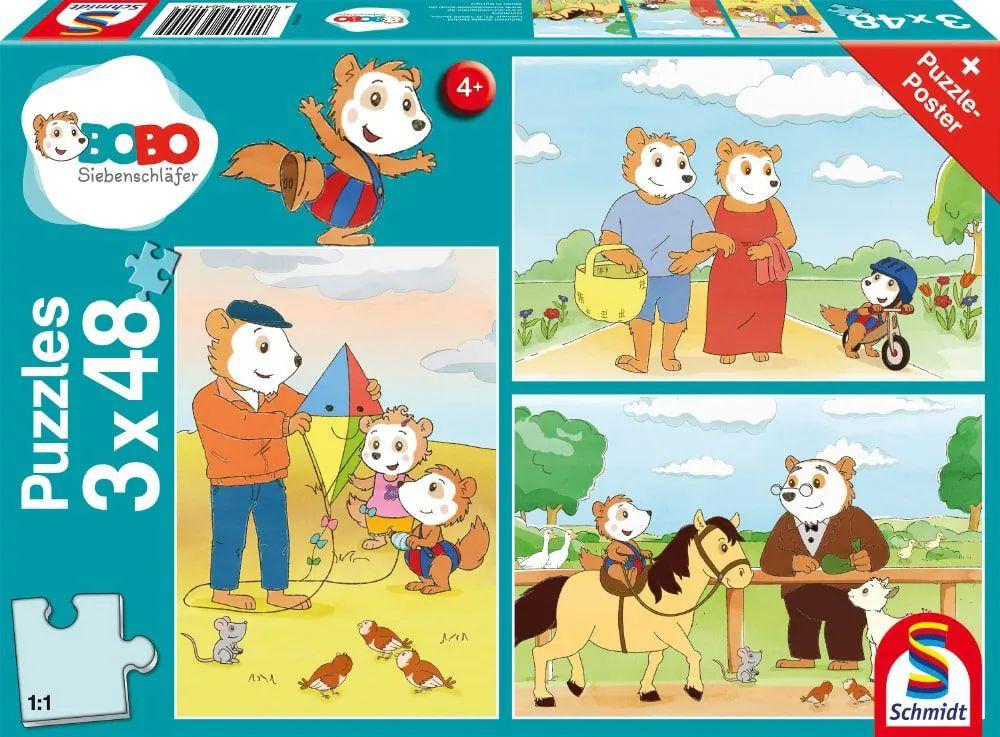 Bobo Siebenschläfer: Auf ins Abenteuer, 3x48 Teile Kinderpuzzle