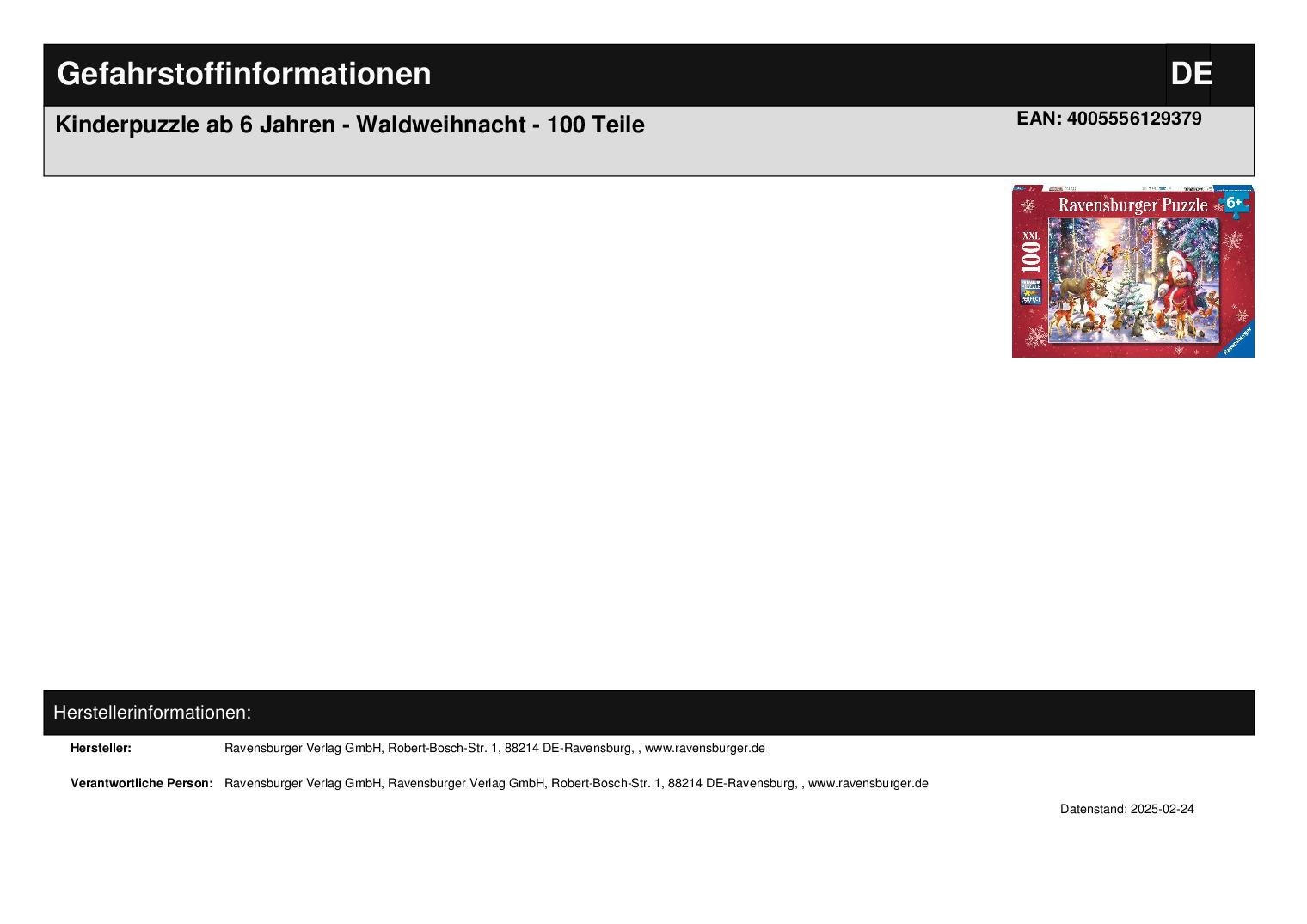 Kinderpuzzle ab 6 Jahren - Waldweihnacht - 100 Teile