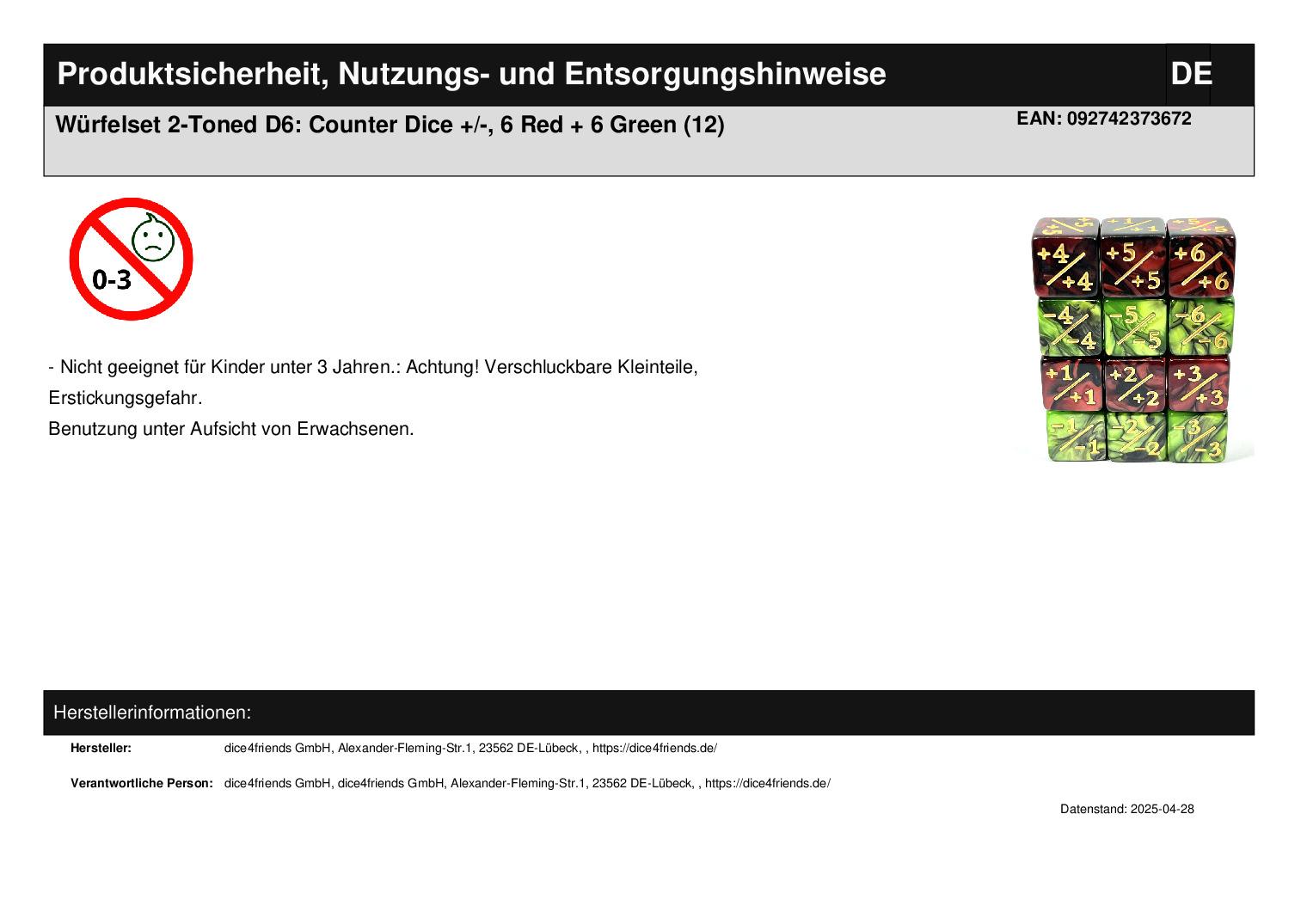 Würfelset 2-Toned D6: Counter Dice +/-, 6 Red + 6 Green (12) Würfelset 2-Toned D6: Counter Dice +/-, 6 Red + 6 Green (12)