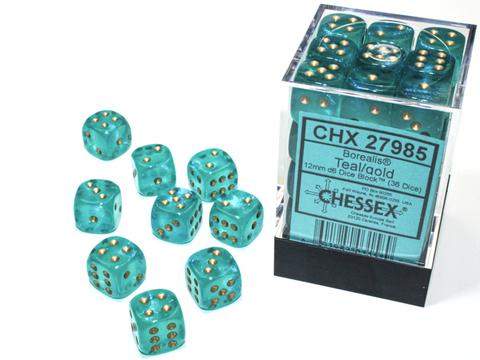 Chessex Borealis 12mm d6 Teal/gold Luminary Dice Block (36 dice) Chessex Borealis 12mm d6 Teal/gold Luminary Dice Block (36 dice)
