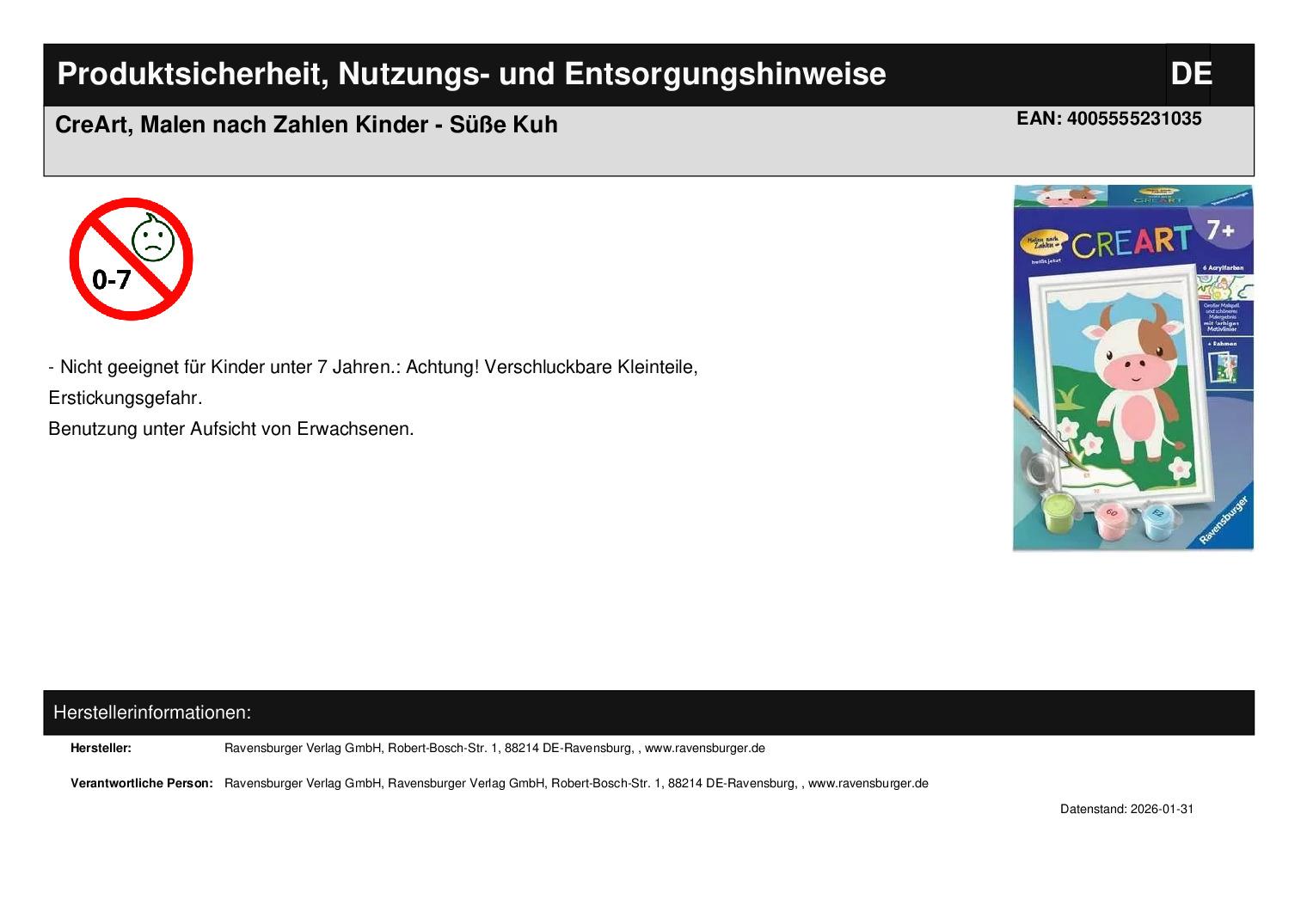 CreArt, Malen nach Zahlen Kinder - Süße Kuh
