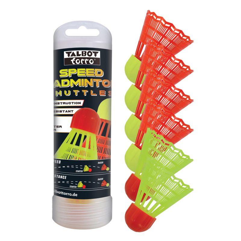 Speedbadminton Shuttles (6 Stück) PP-Tube, 2 Starter medium (yellow) + 4 Racer fast (red
