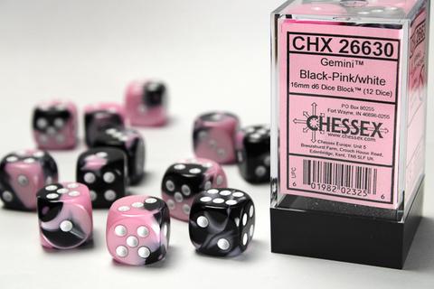 Chessex Würfel W6x12 Gemini: black-pink / white