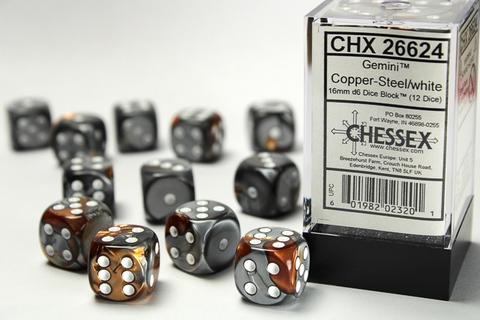 Chessex Würfel W6x12 Gemini: copper-steel / white