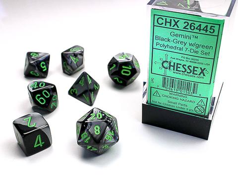 Chessex Würfel 7-er Mix Gemini: black-gey / green Chessex Würfel 7-er Mix Gemini: black-gey / green