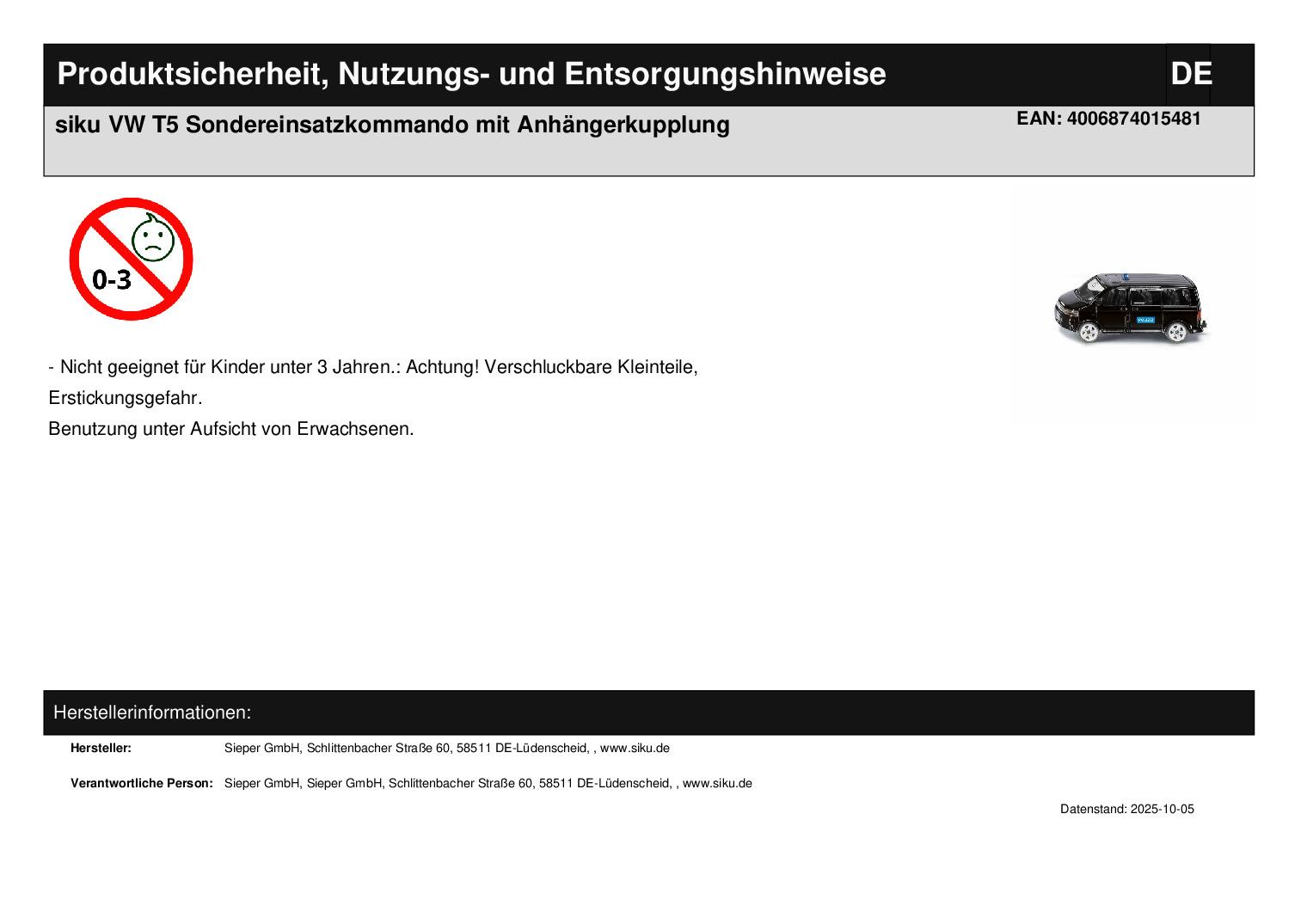 siku VW T5 Sondereinsatzkommando mit Anhängerkupplung