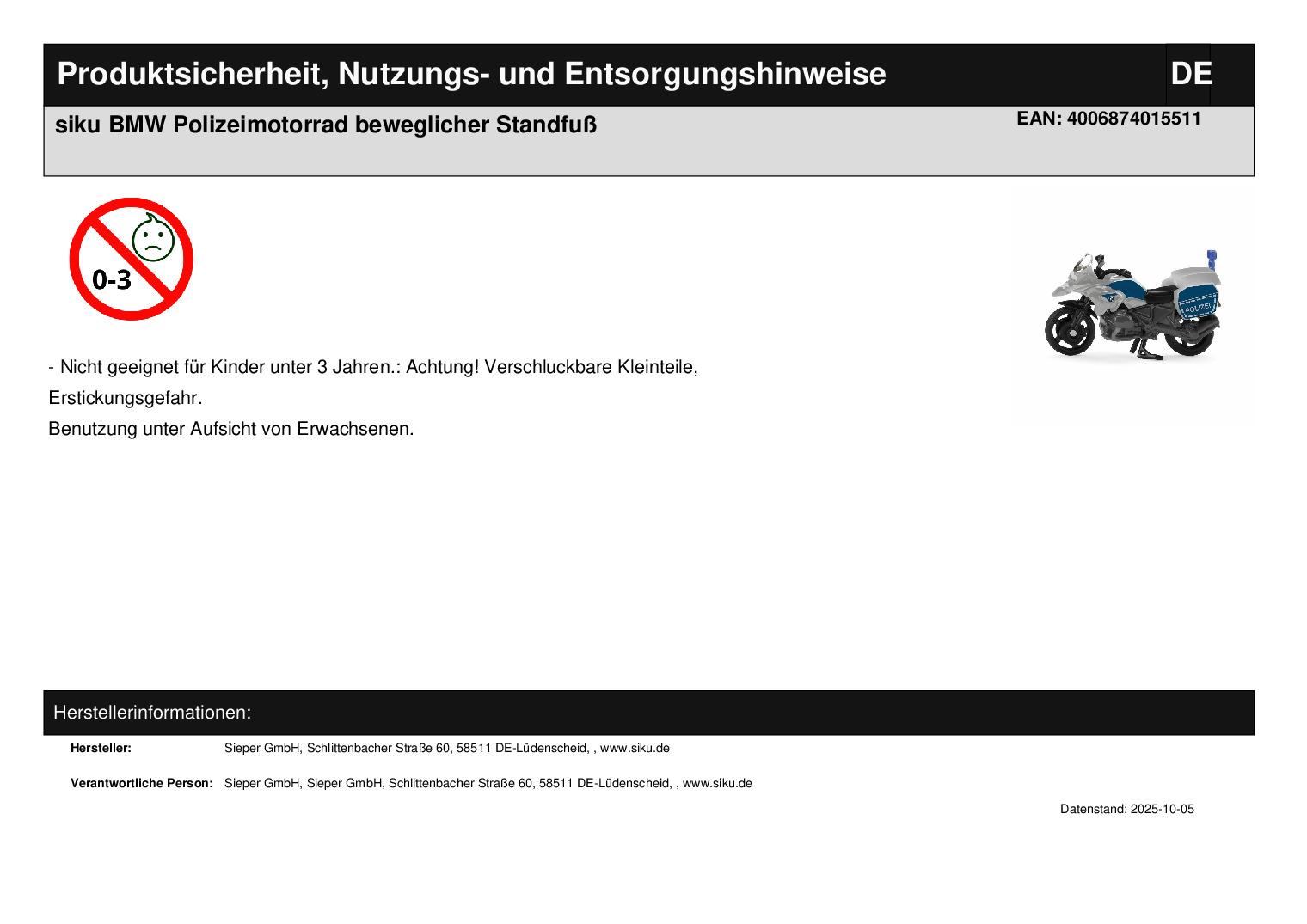 siku BMW Polizeimotorrad beweglicher Standfuß