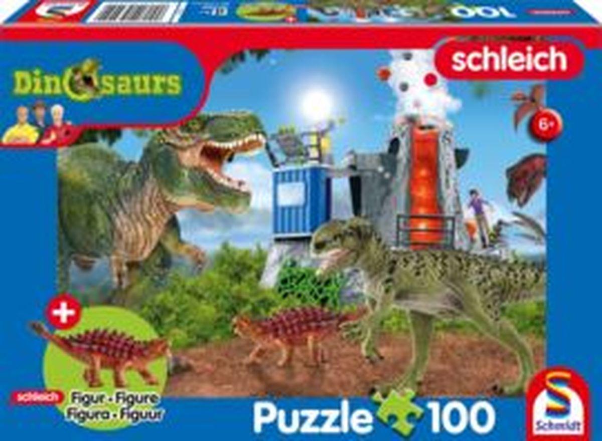 Schleich: Dinosaurs - Dinosaurier der Urzeit, 100 Teile Kinderpuzzle mit Add-on (eine Original Saichania mini Figur)