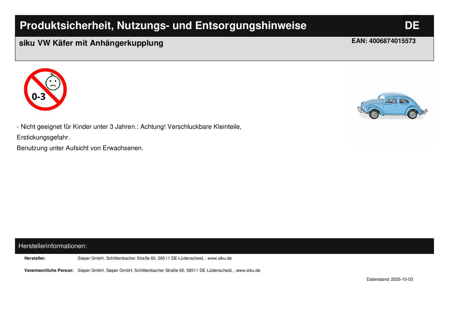 siku VW Käfer mit Anhängerkupplung