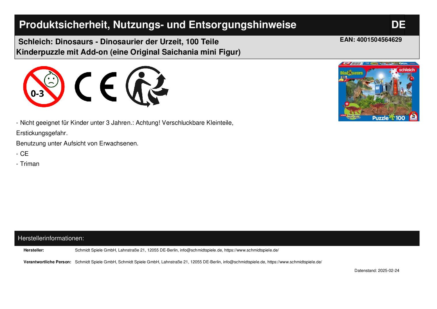Schleich: Dinosaurs - Dinosaurier der Urzeit, 100 Teile Kinderpuzzle mit Add-on (eine Original Saichania mini Figur)