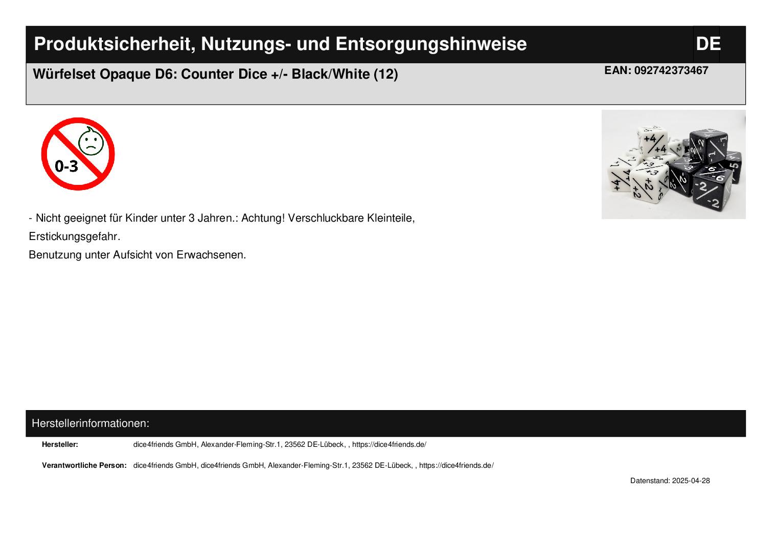 Würfelset Opaque D6: Counter Dice +/- Black/White (12) Würfelset Opaque D6: Counter Dice +/- Black/White (12)