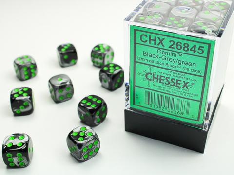 Chessex Würfel W6x36 Gemini: black-grey / green Chessex Würfel W6x36 Gemini: black-grey / green