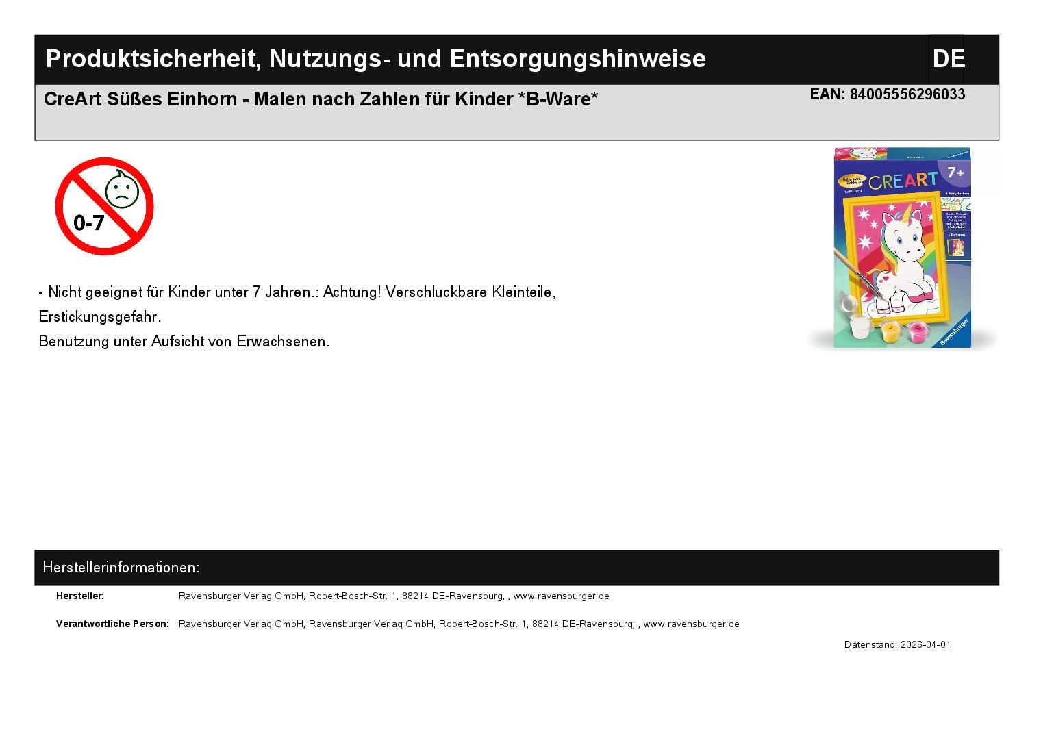 CreArt Süßes Einhorn - Malen nach Zahlen für Kinder *B-Ware*