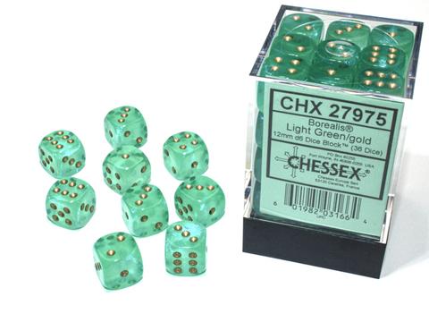 Chessex Borealis 12mm d6 Light Green/gold Luminary Dice Block (36 dice) Chessex Borealis 12mm d6 Light Green/gold Luminary Dice Block (36 dice)