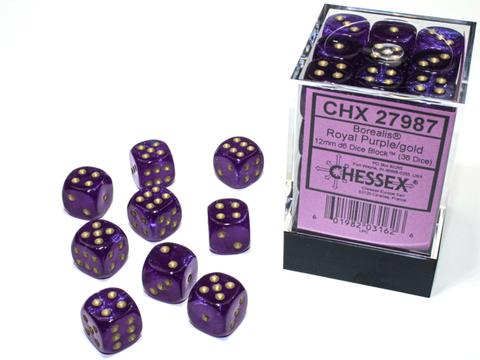 Chessex Borealis 12mm d6 Royal Purple/gold Luminary Dice Block (36 dice) Chessex Borealis 12mm d6 Royal Purple/gold Luminary Dice Block (36 dice)