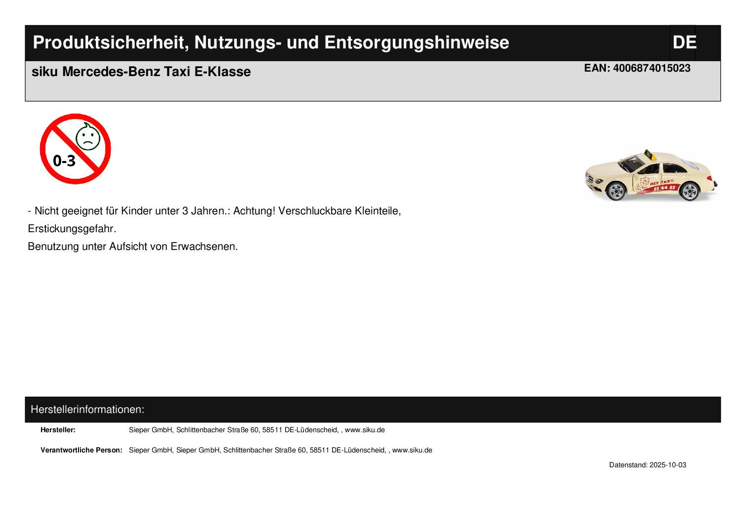 siku Mercedes-Benz Taxi E-Klasse