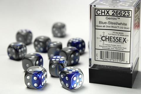 Chessex Würfel W6x12 Gemini: blue-steel / white Chessex Würfel W6x12 Gemini: blue-steel / white