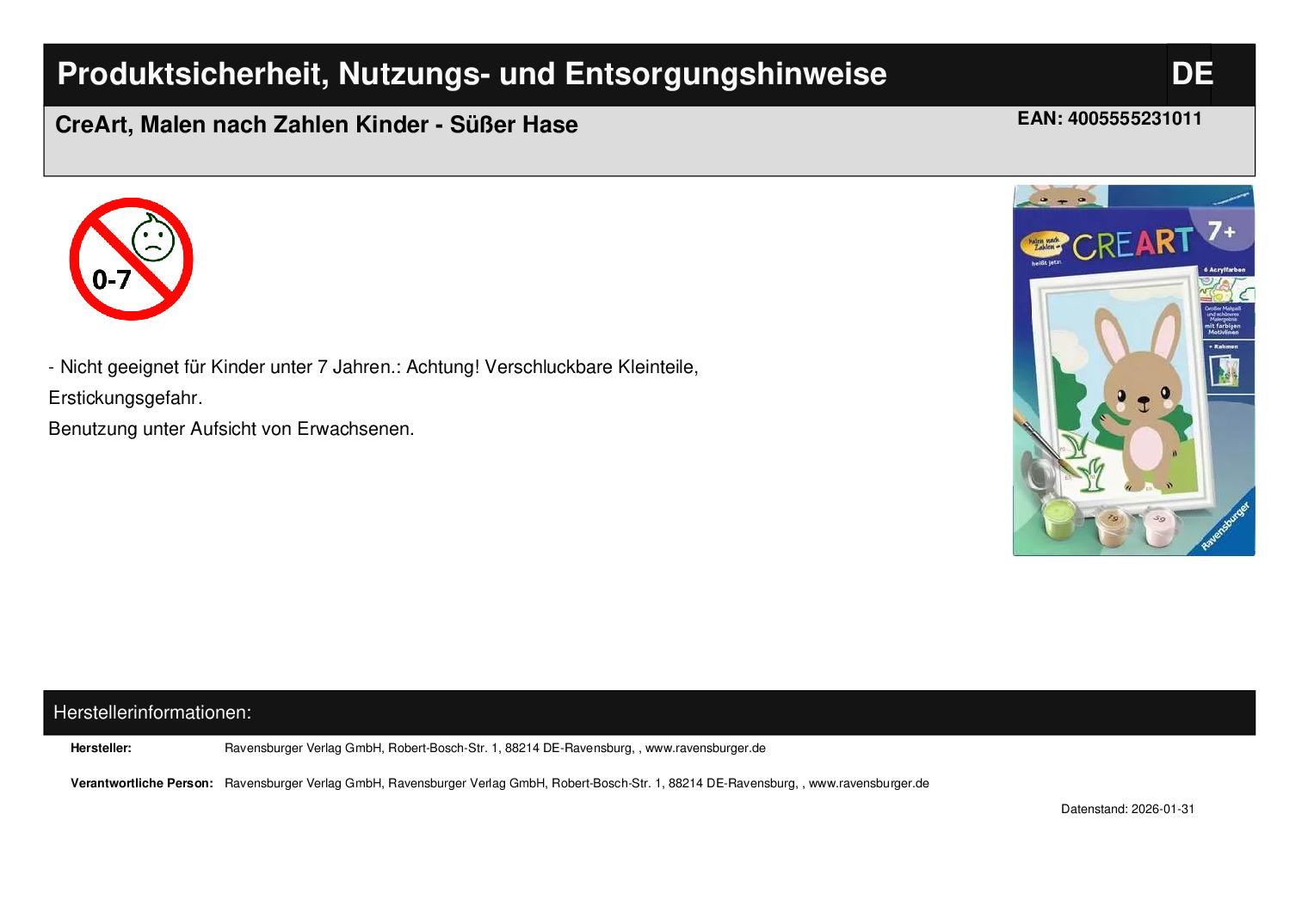CreArt, Malen nach Zahlen Kinder - Süßer Hase