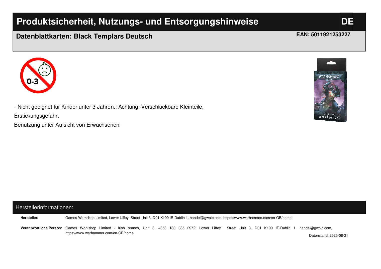 Datenblattkarten: Black Templars Deutsch