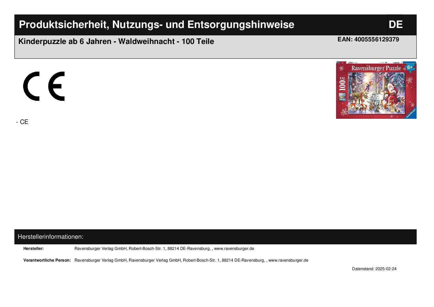 Kinderpuzzle ab 6 Jahren - Waldweihnacht - 100 Teile