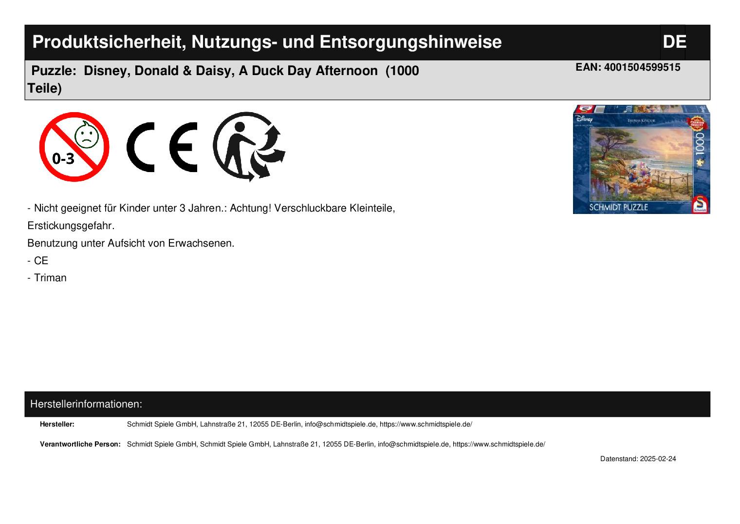 Puzzle:  Disney, Donald & Daisy, A Duck Day Afternoon  (1000 Teile)