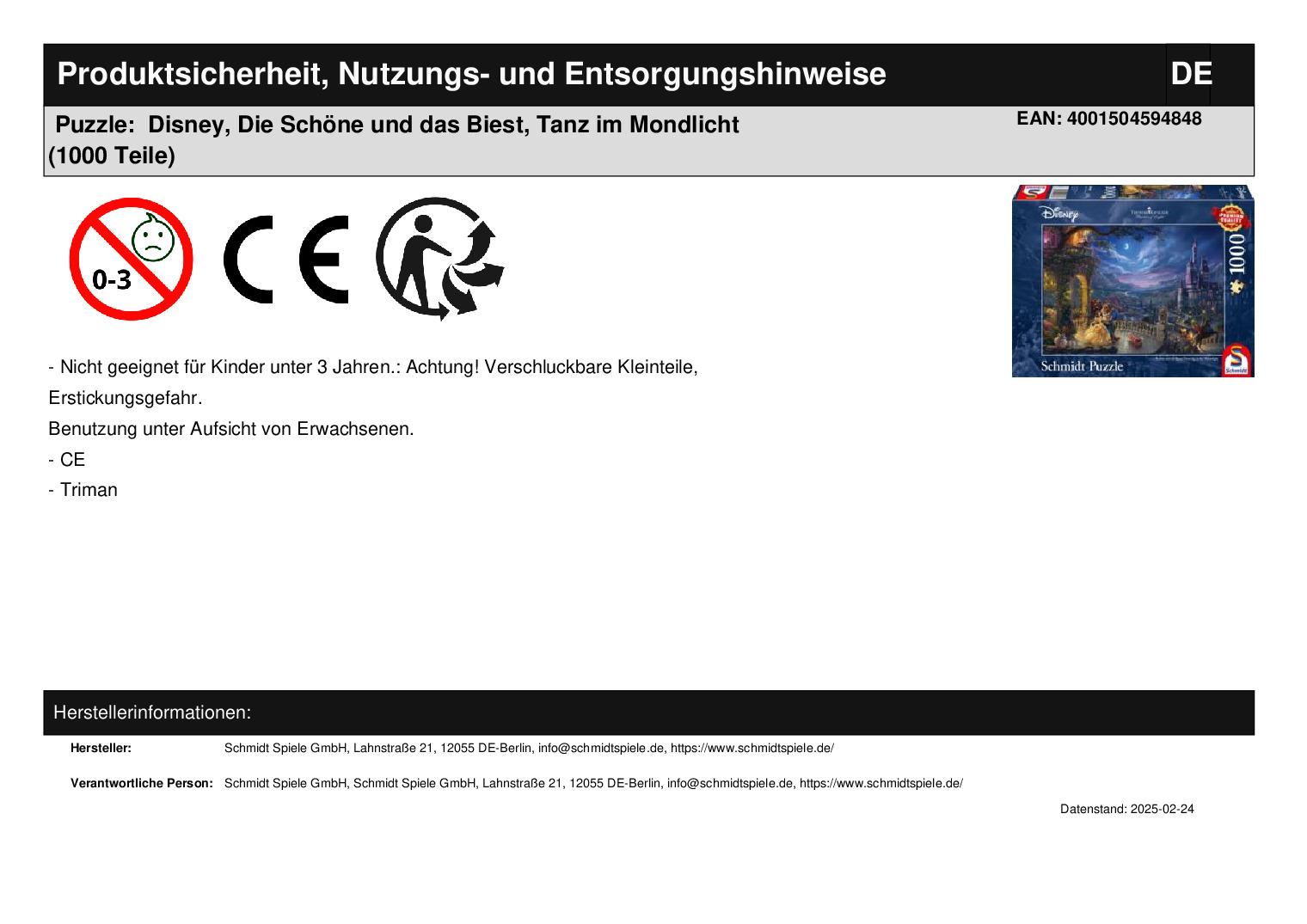 Puzzle:  Disney, Die Schöne und das Biest, Tanz im Mondlicht  (1000 Teile)