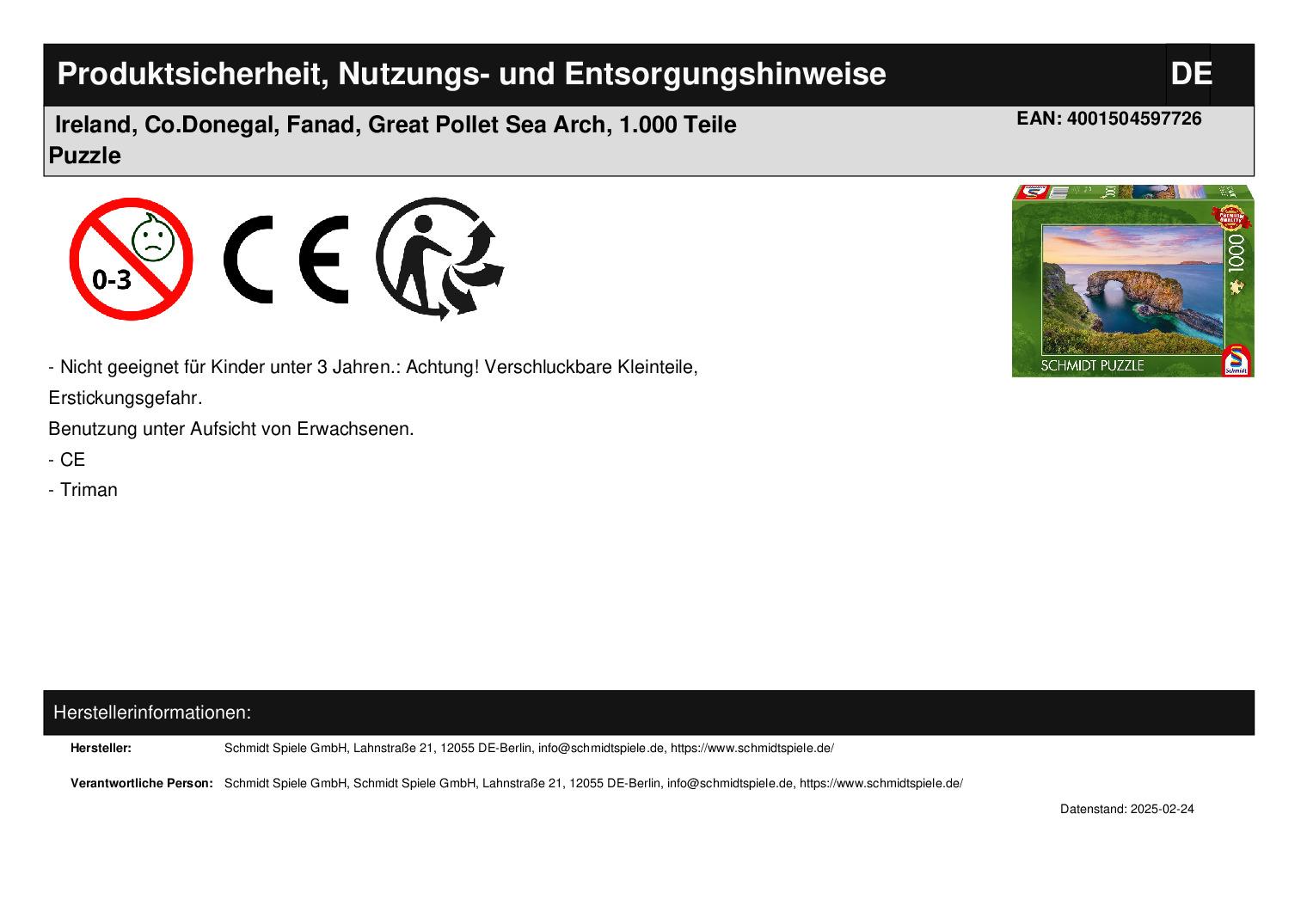 Ireland, Co.Donegal, Fanad, Great Pollet Sea Arch, 1.000 Teile Puzzle