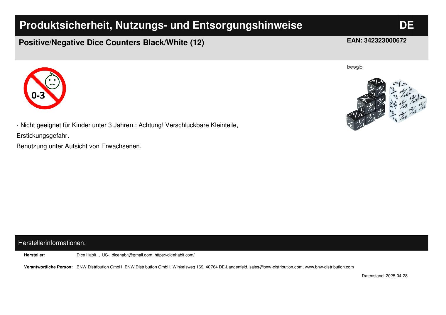 Positive/Negative Dice Counters Black/White (12)