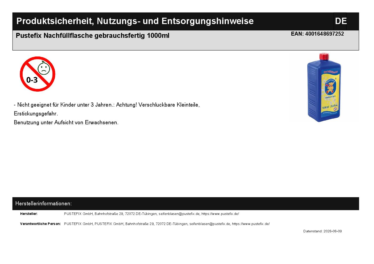 Pustefix Nachfüllflasche gebrauchsfertig 1000ml