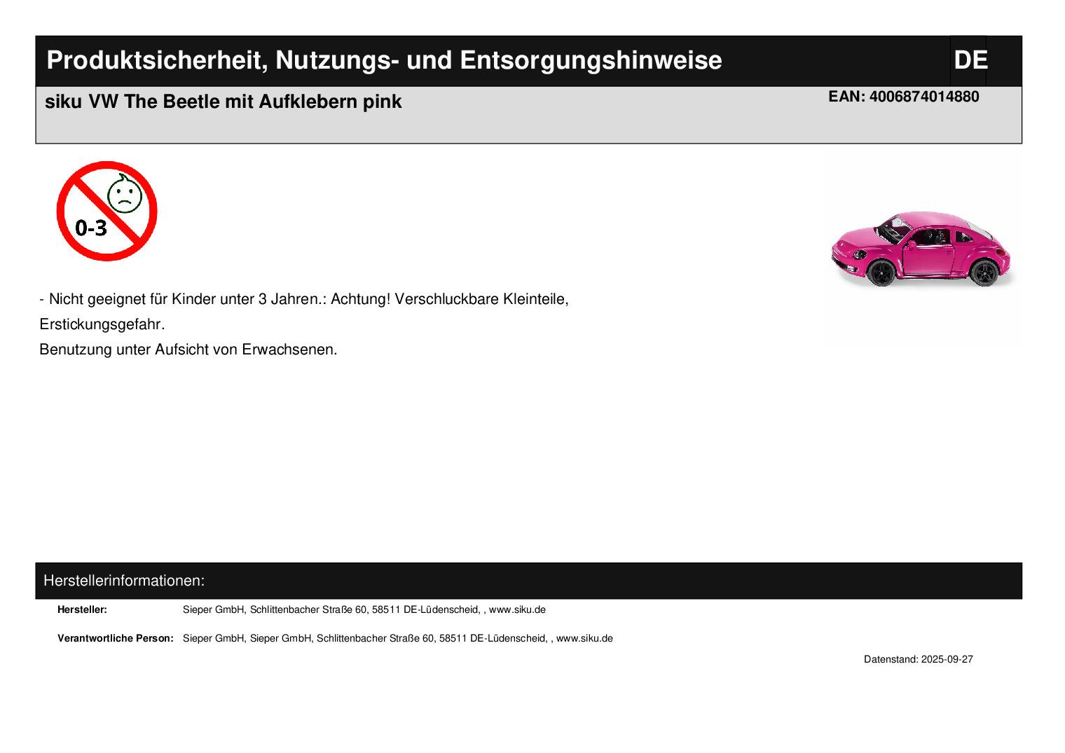 siku VW The Beetle mit Aufklebern pink