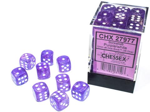 Chessex Borealis 12mm d6 Purple/white Luminary Dice Block (36 dice) Chessex Borealis 12mm d6 Purple/white Luminary Dice Block (36 dice)