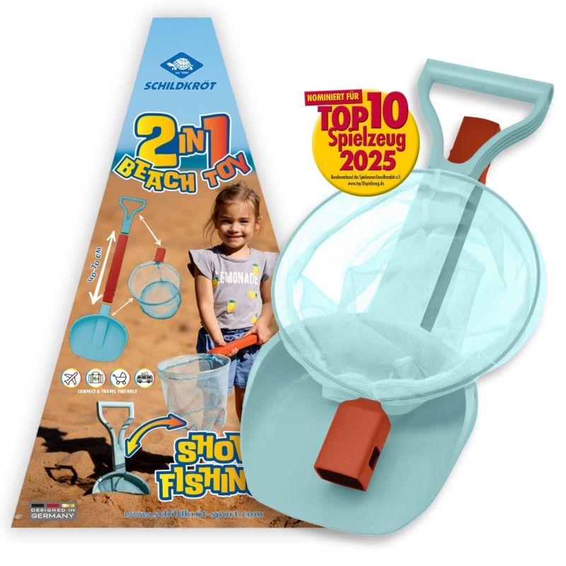 2in1 Beachtoy Set, Schaufel + Kescher, Farbe: rot-blau Schaufel 40-70 cm, Kescher Ø 21cm, Material: PP+ Polyester