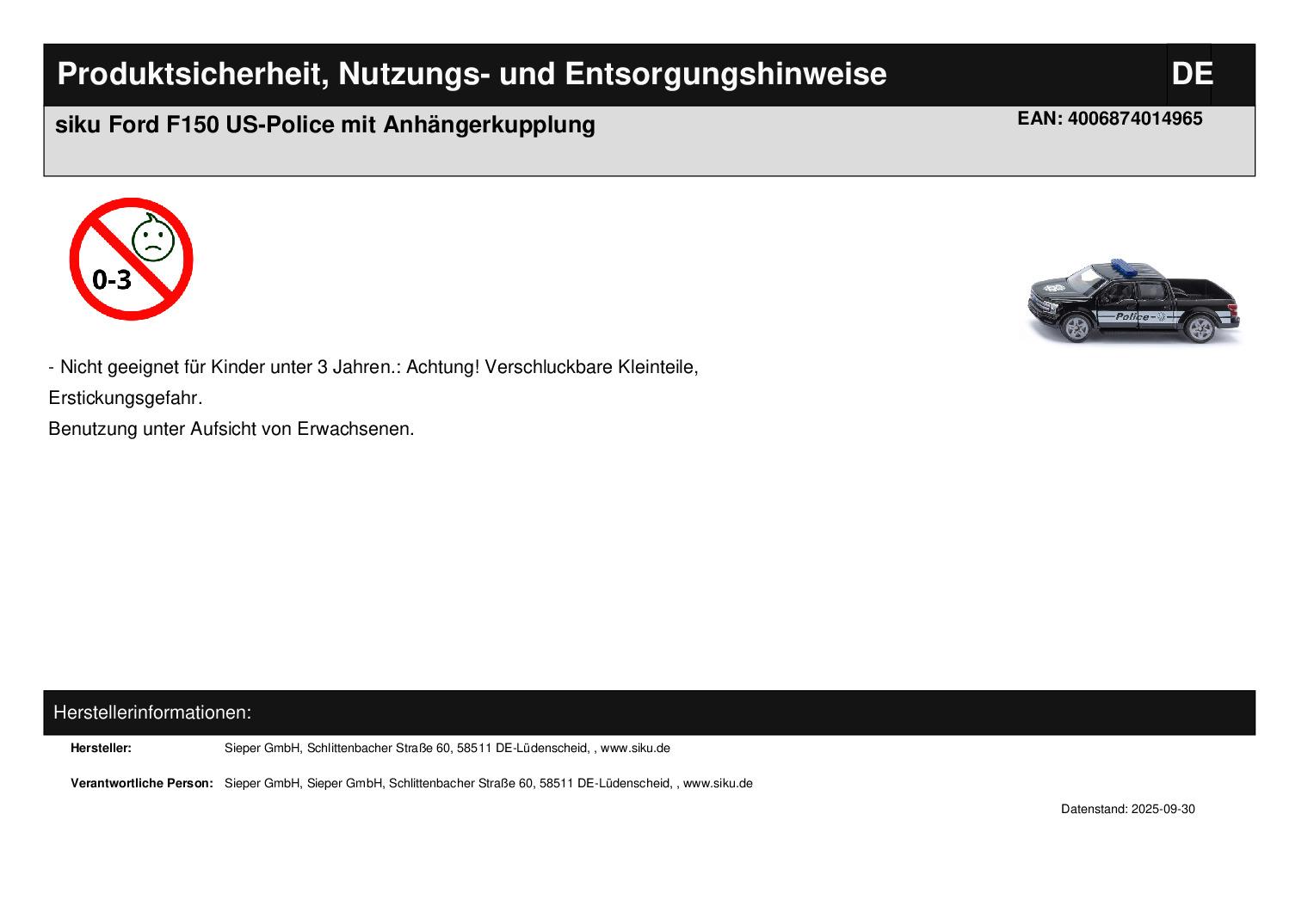 siku Ford F150 US-Police mit Anhängerkupplung