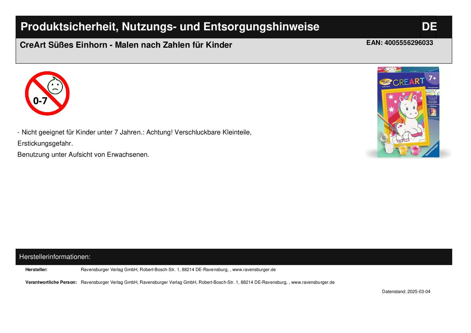 CreArt Süßes Einhorn - Malen nach Zahlen für Kinder *B-Ware*