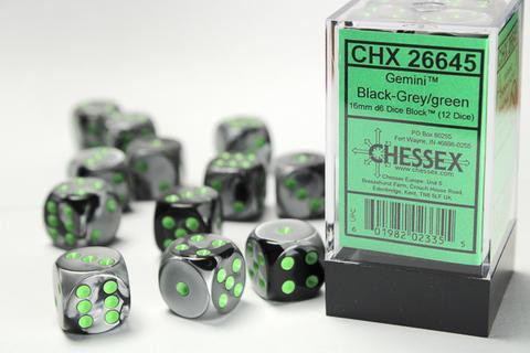 Chessex Würfel W6x12 Gemini: black-grey / green