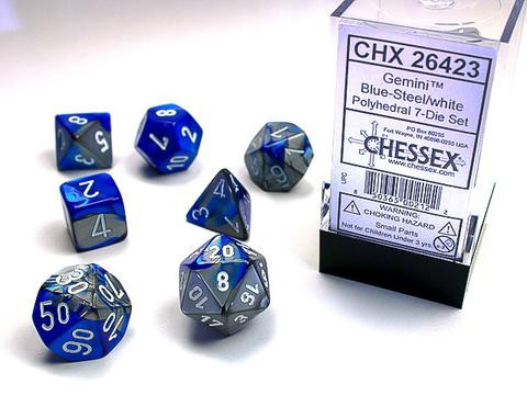 Chessex Würfel 7-er Mix Gemini: blue-steel/white