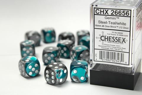 Chessex Würfel W6x12 Gemini: steel-teal / white