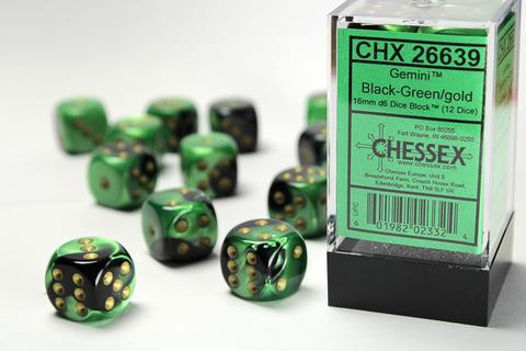 Chessex Würfel W6x12 Gemini: black-green / gold