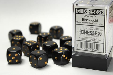Chessex Würfel W6x12 Opaque: Black / Gold