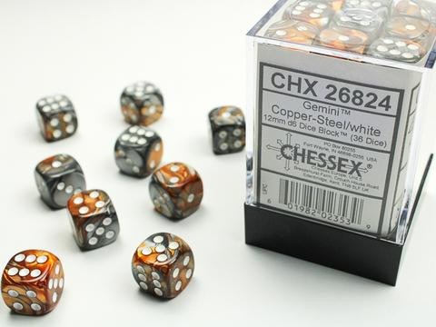 Chessex Würfel W6x36 Gemini: copper-steel / white