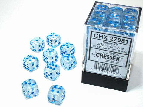 Chessex Borealis 12mm d6 Icicle/light blue Luminary Dice Block (36 dice)