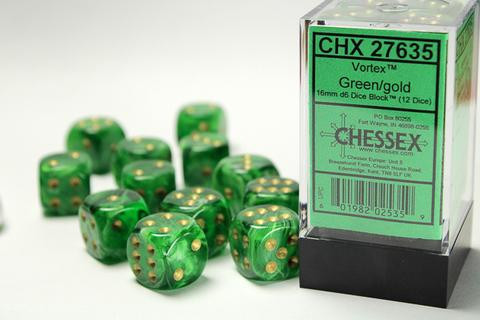 Chessex Würfel W6x12 Vortex: green / gold