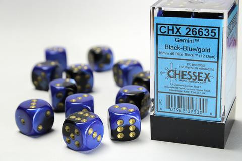 Chessex Würfel W6x12 Gemini: black-blue / gold