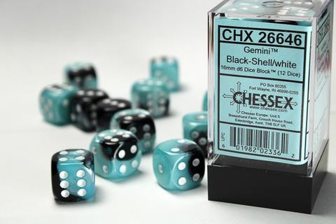 Chessex Würfel W6x12 Gemini: black-shell / white