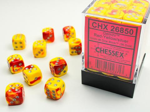 Chessex Würfel W6x36 Gemini: red-yellow / silver